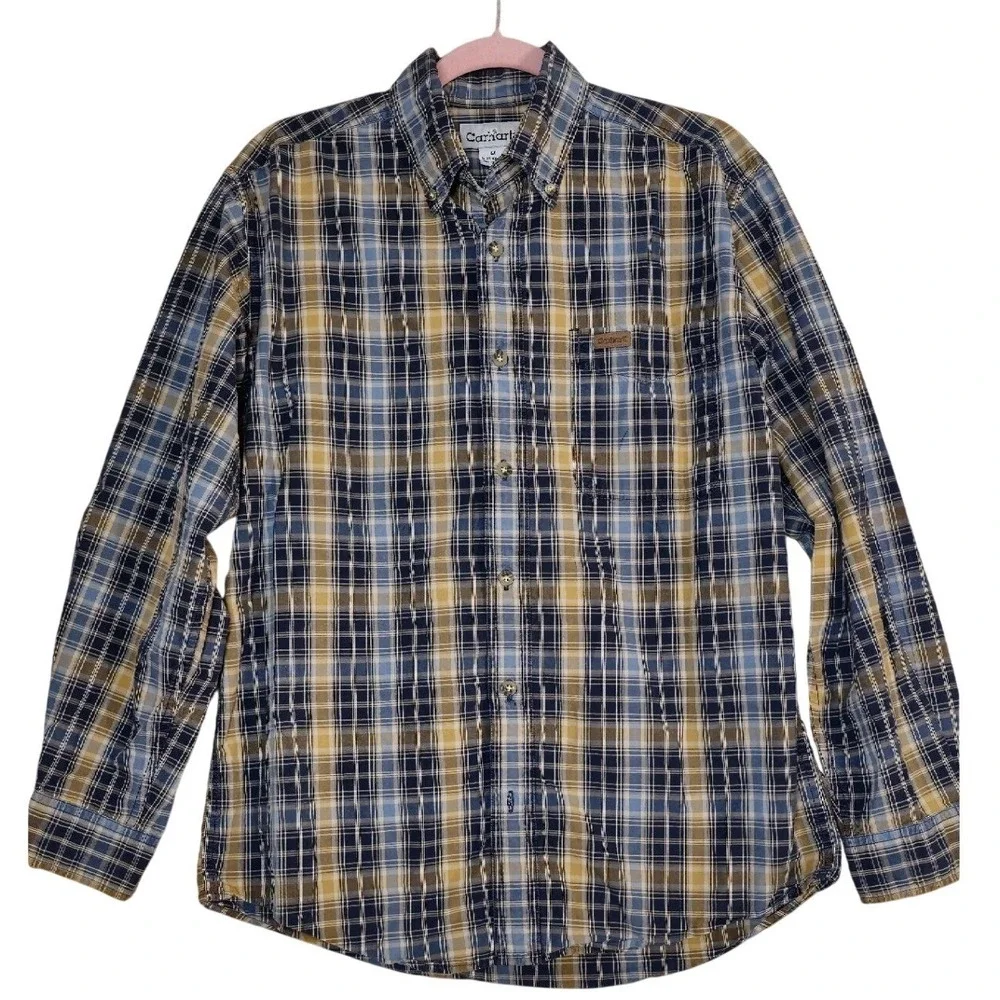 Carhartt Mens Medium Button Down Plaid Long Sleeve Shirt Cotton Leather Logo NEW